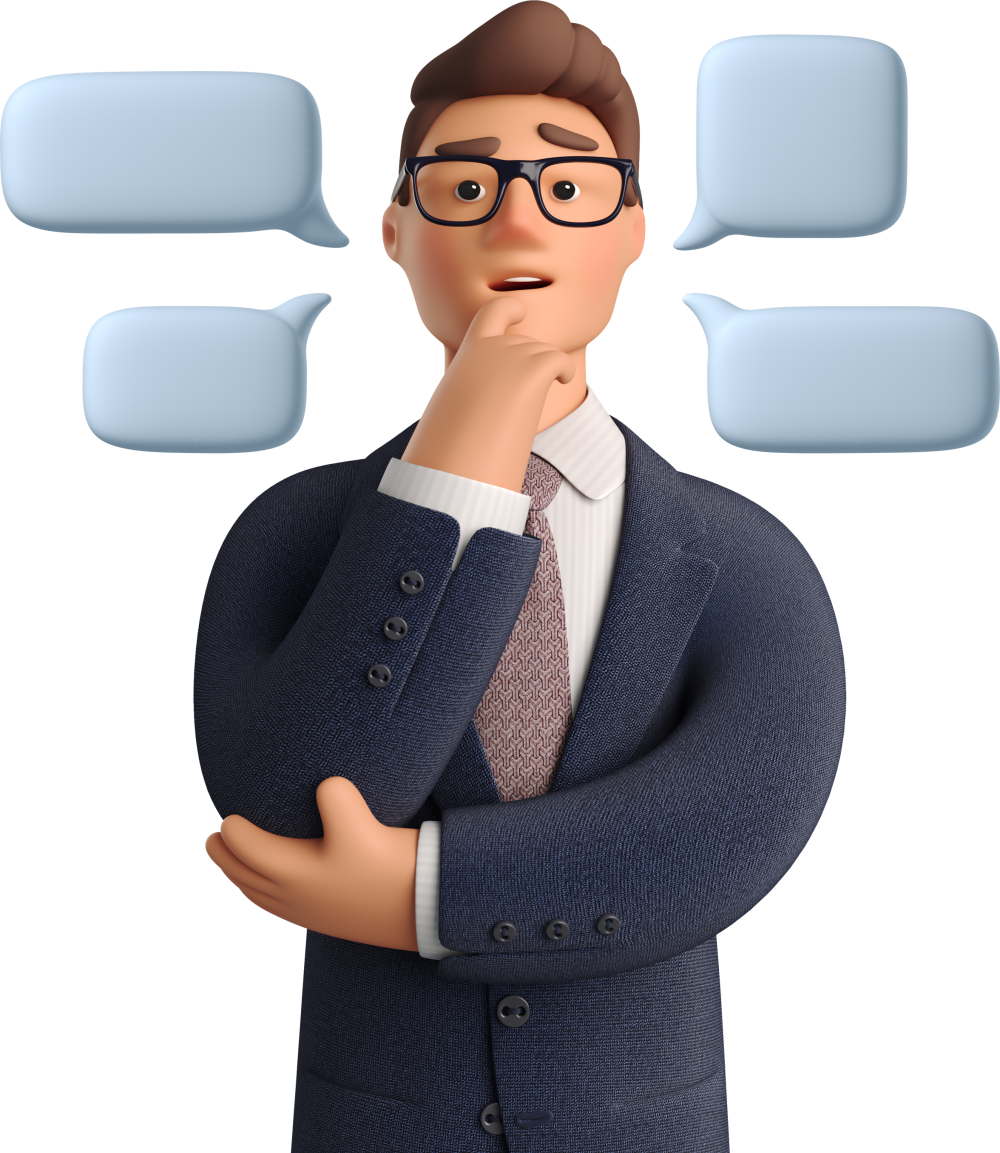 A 3D character in a business suit and glasses, posed thoughtfully with a hand on his chin. Surrounding him are empty speech bubbles, suggesting he is contemplating multiple ideas.